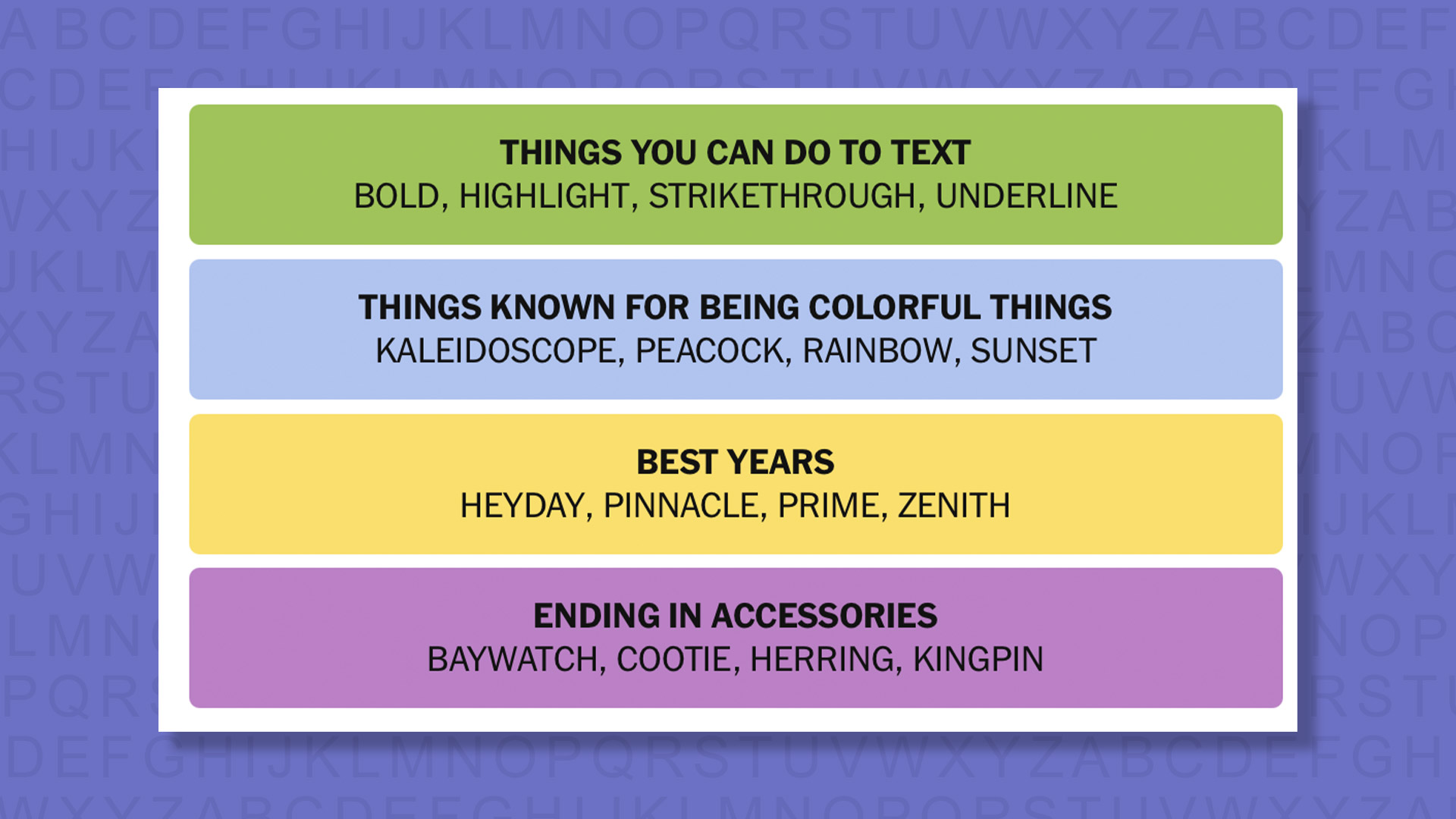 NYT Connections answers for game 866 on a purple background