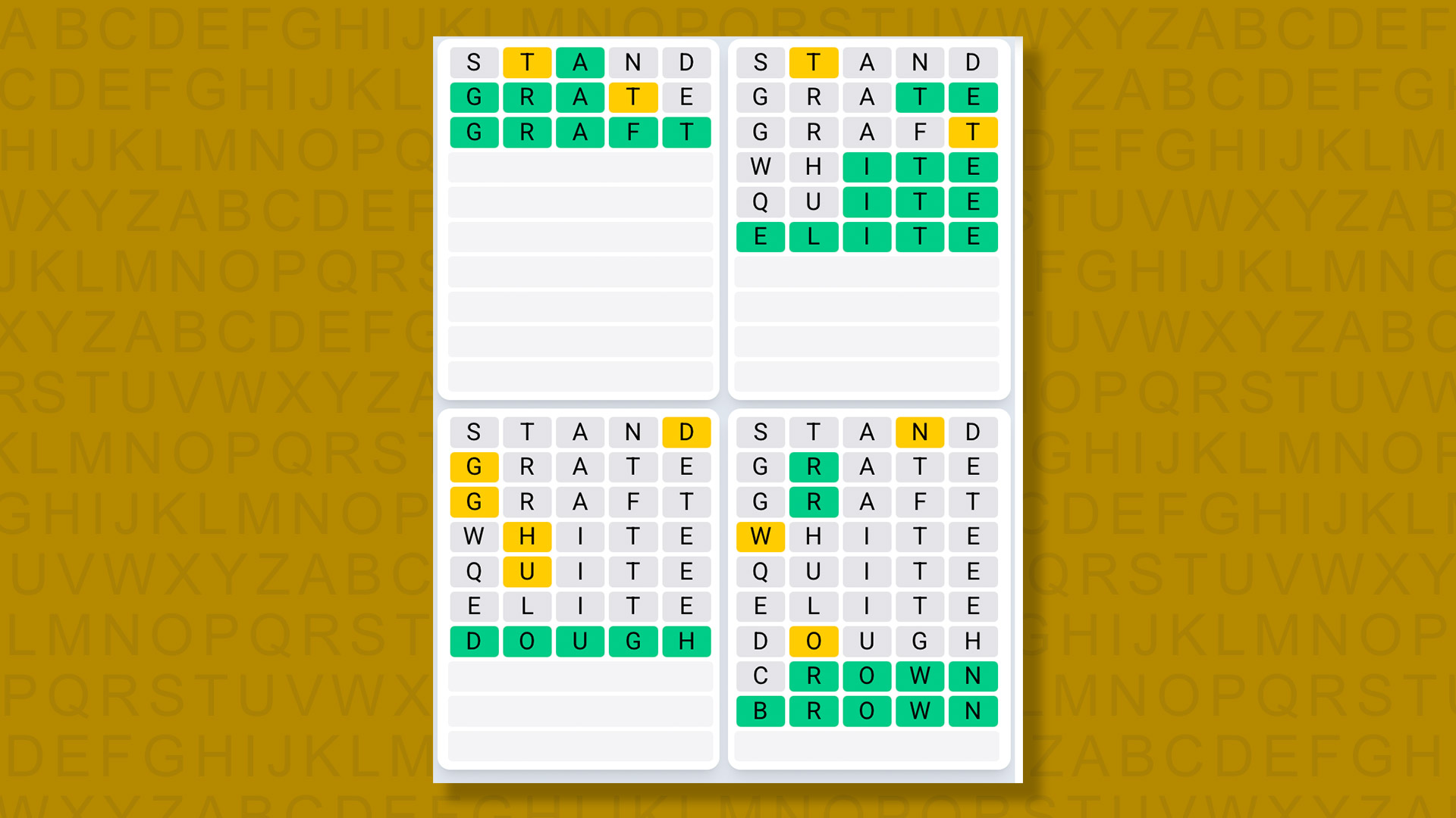 Quordle Daily Sequence answers for game 1369 on a yellow background