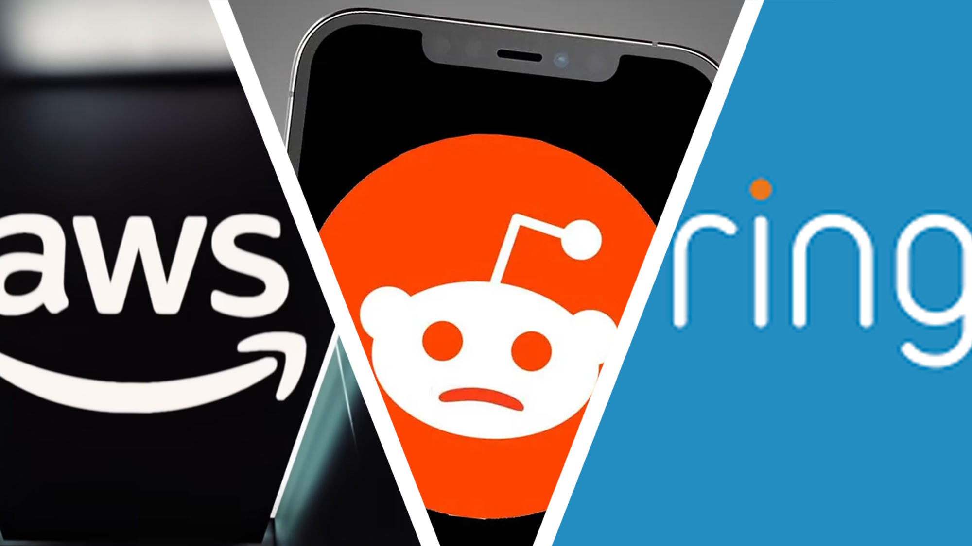 The logos for AWS, Reddit and Ring doorbells