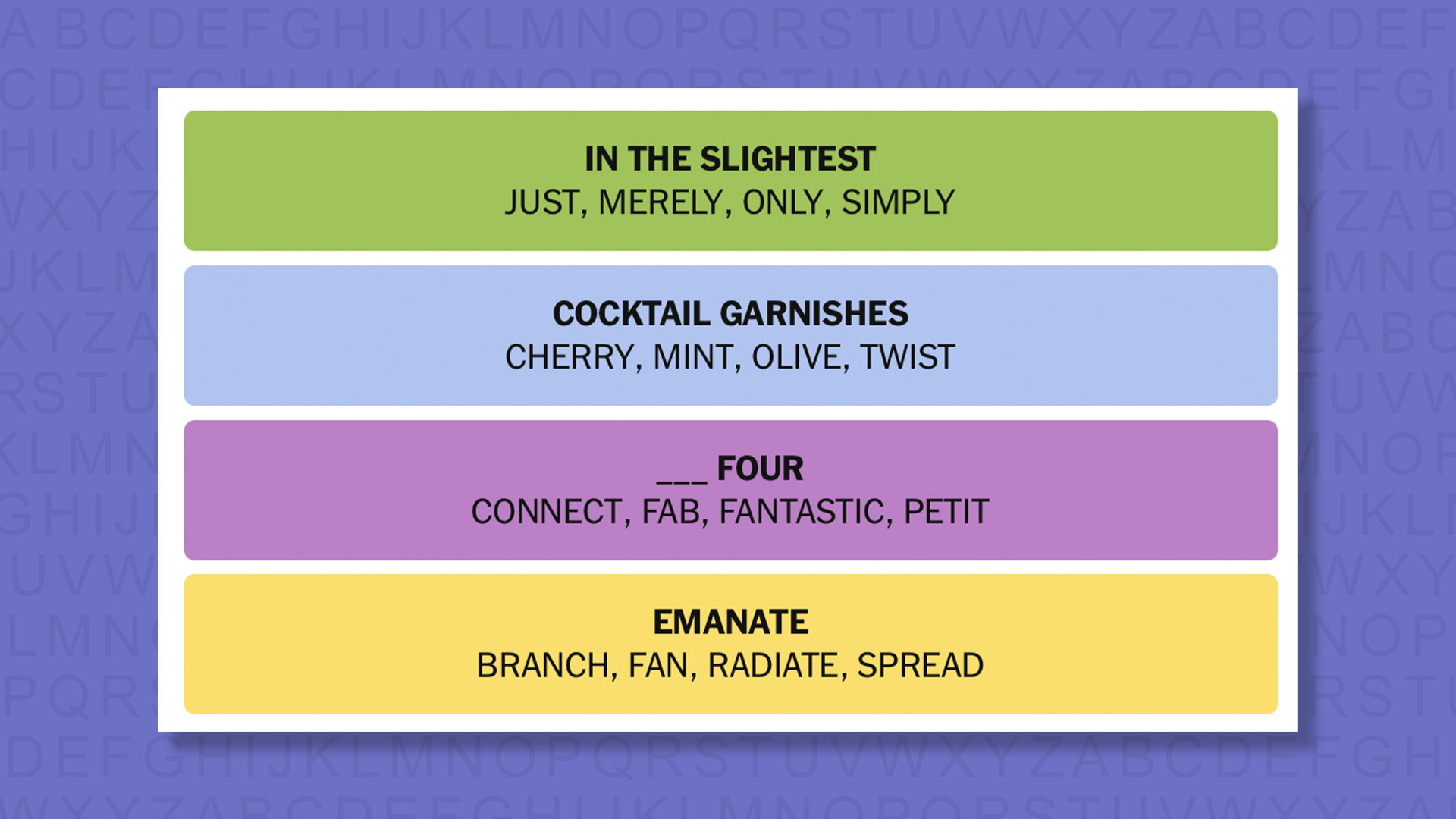 NYT Connections answers for game 869 on a purple background