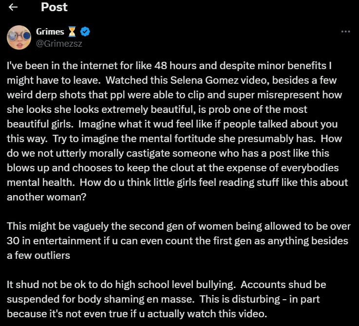 Grimes supports Selena Gomez after In The Dark video