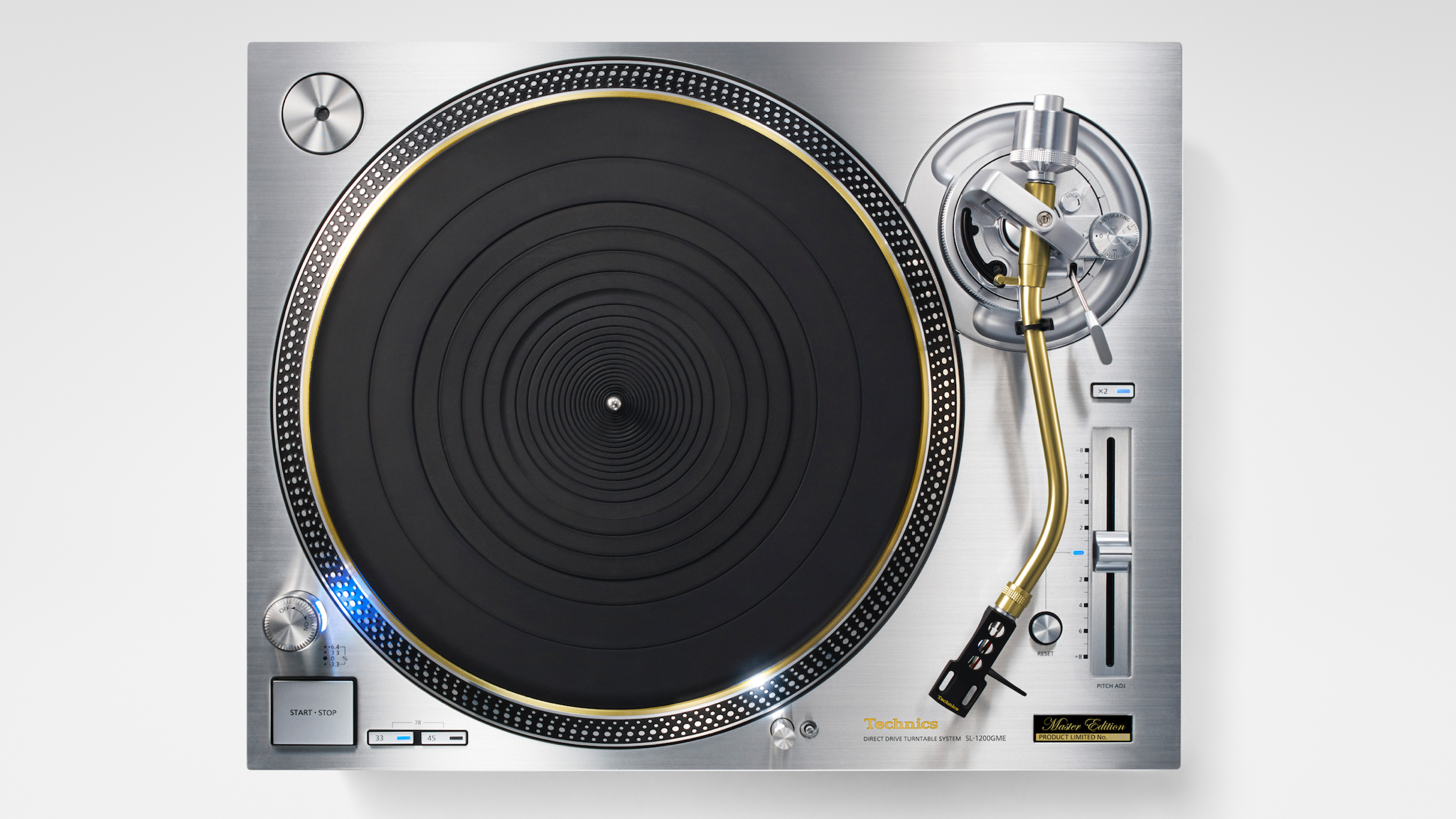 Technics SL-1200GME turntable shot from above on a light gray background