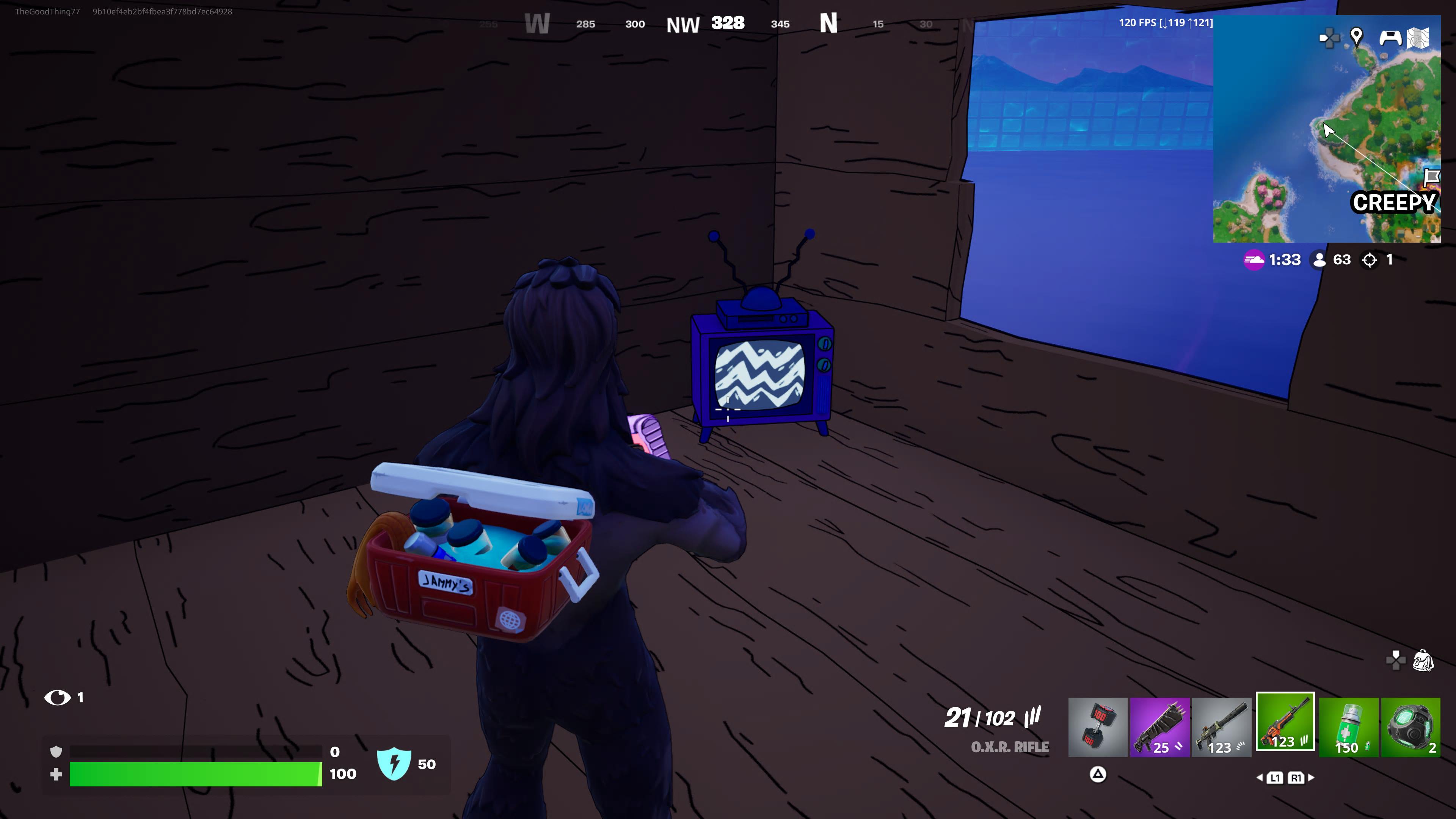 Standing in a wooden cabin and watching an encrypted TV in the far corner