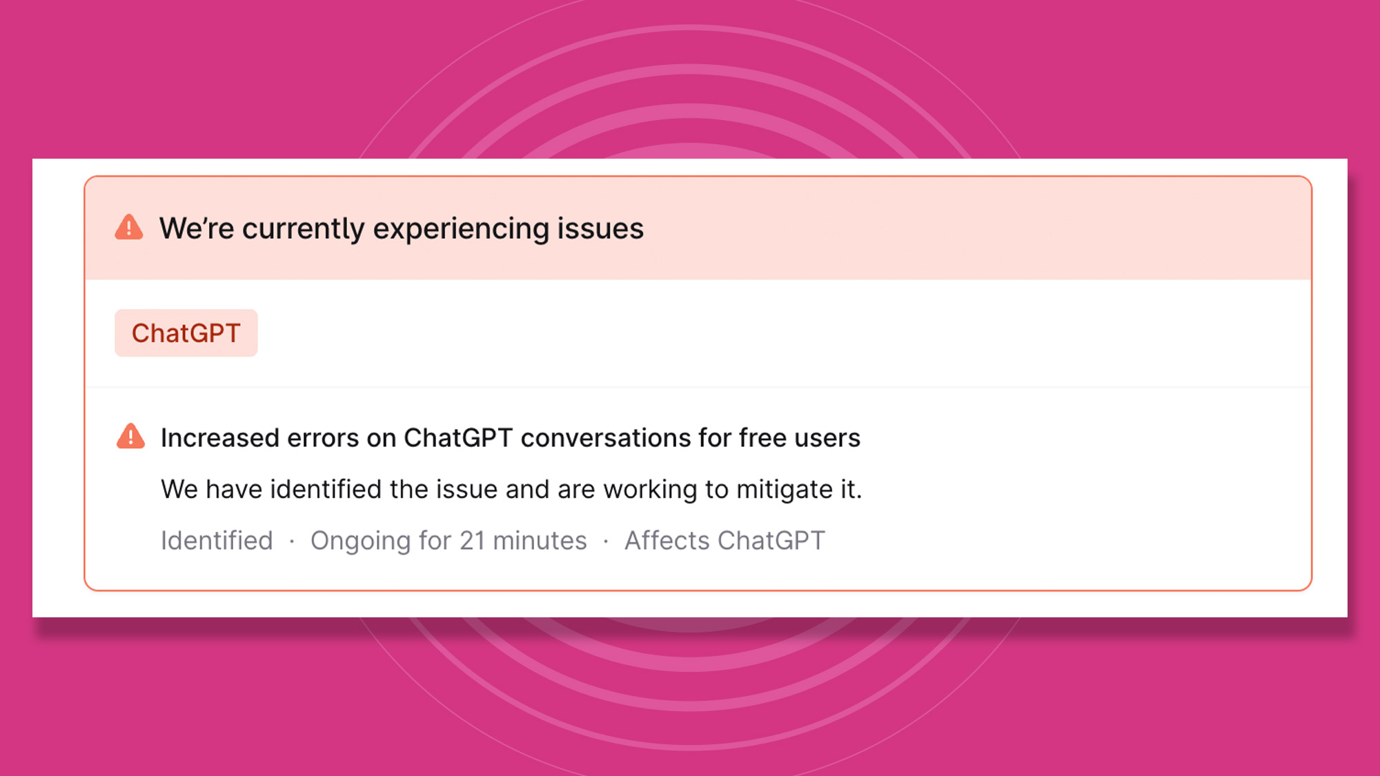 Screenshot of OpenAI's ChatGPT status page showing a ChatGPT outage on October 30, 2025