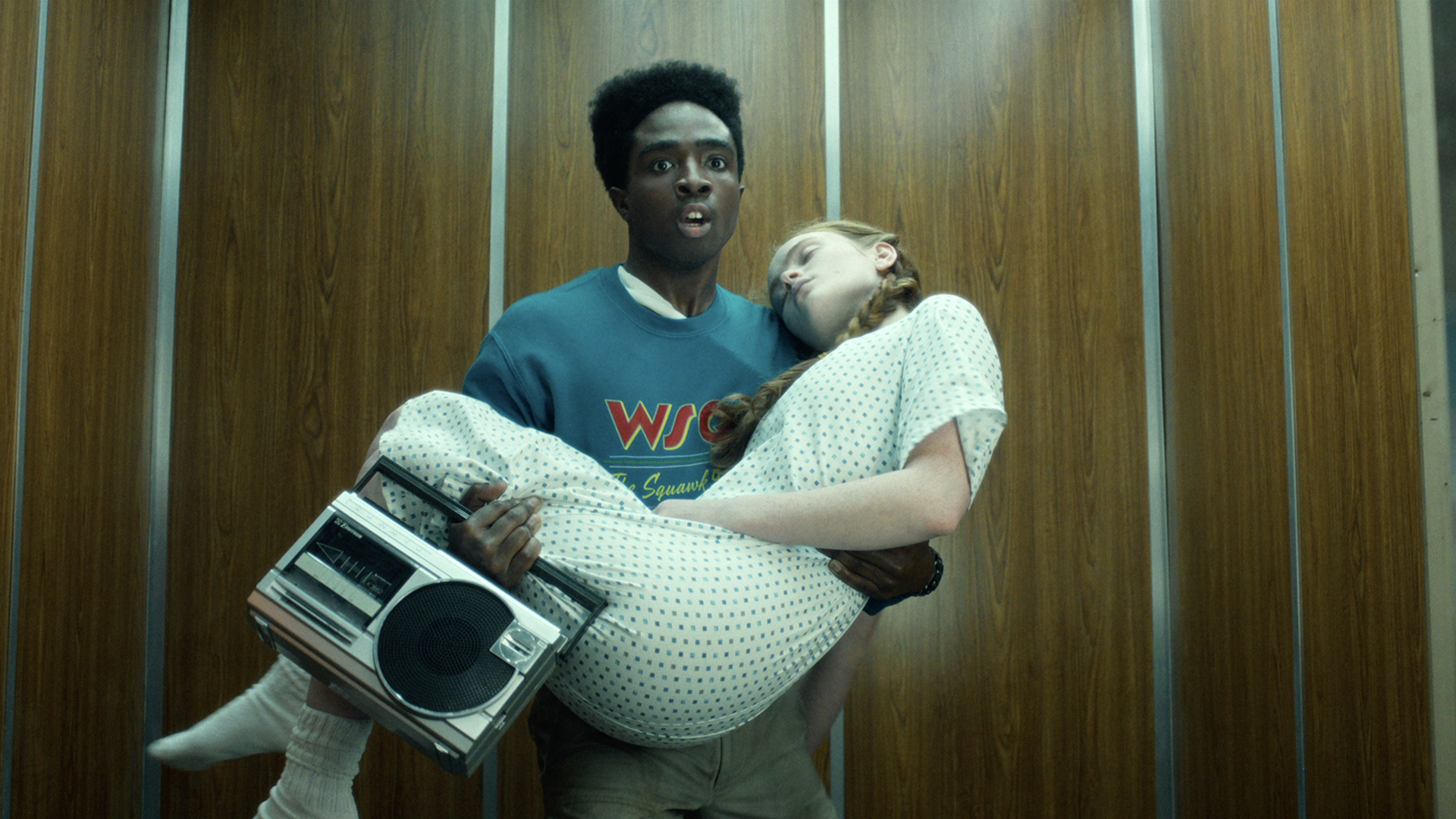 Lucas keeps a comatose Max and a radio in an elevator in Stranger Things Season 5