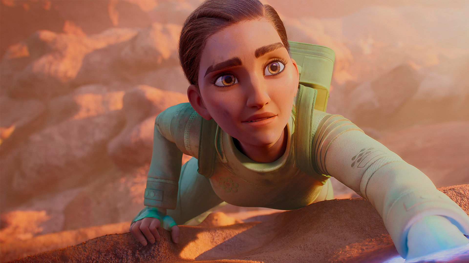 An animated character climbs a cliff in the series WondLa