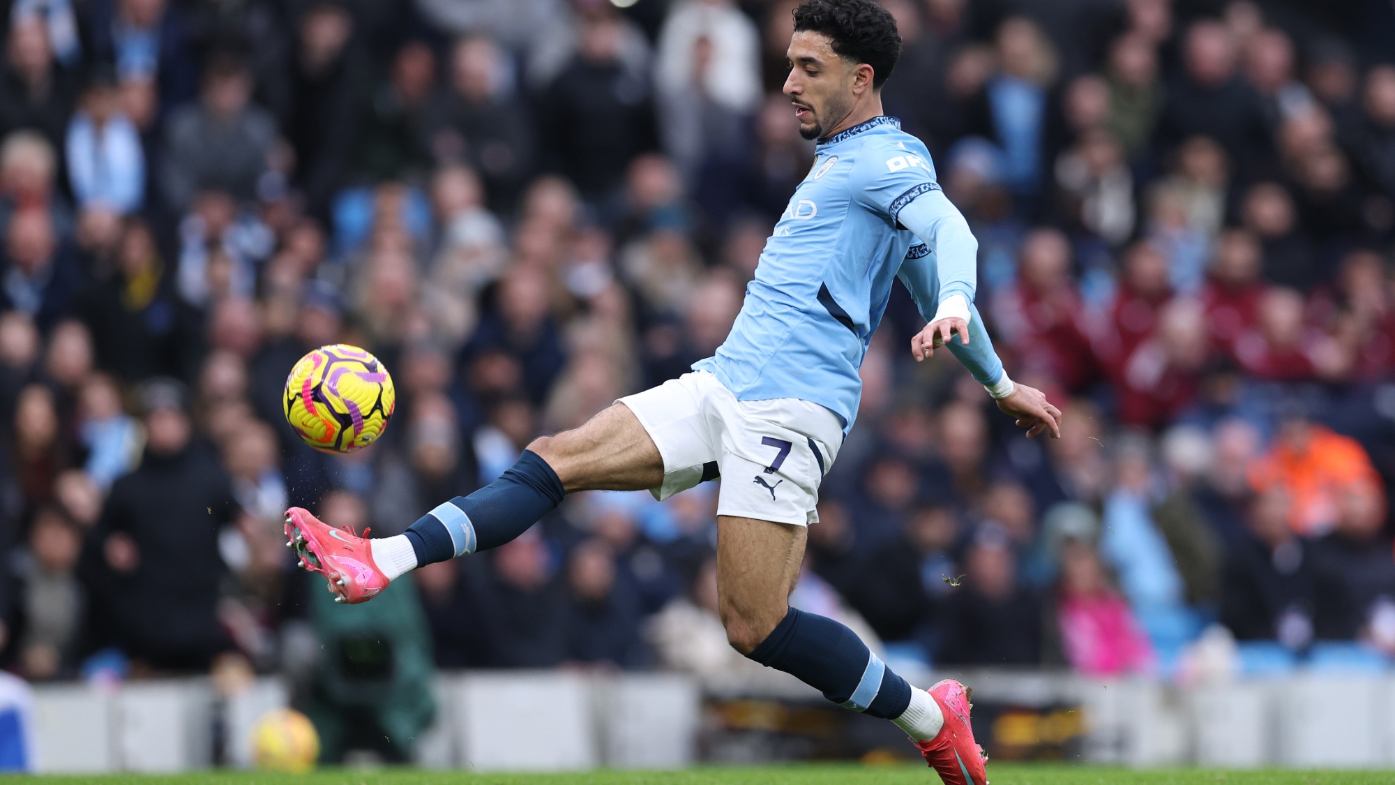 Omar Marmoush from Manchester City scores his first goal under the Premier League match between Manchester City FC and Newcastle United FC at Etihad Stadium on February 15, 2025 in Manchester, England.