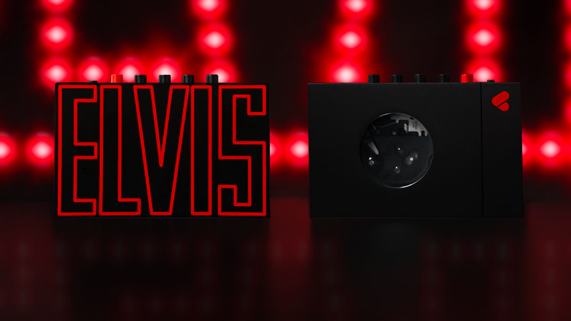 We are Rewind Elvis Limited Edition Cassette Player Walkman from both sides, on red and black background