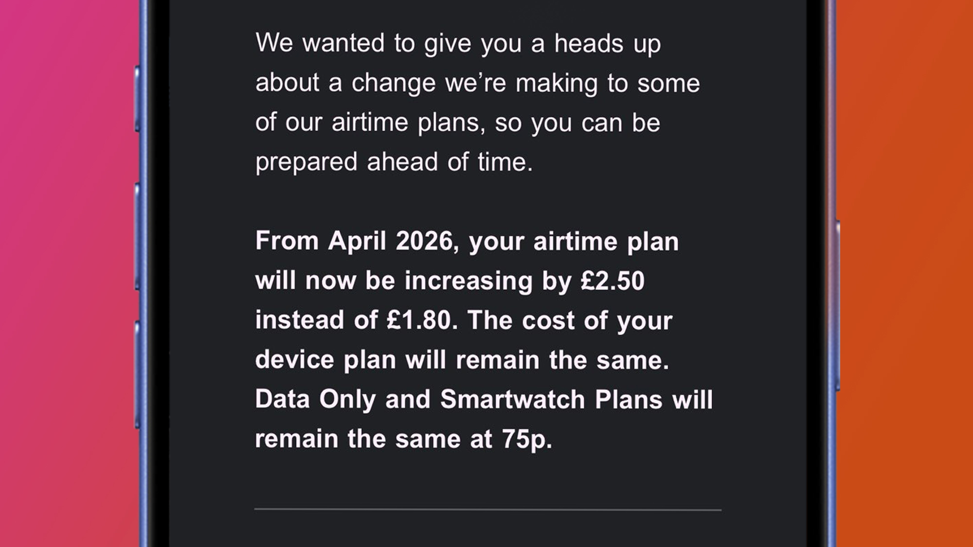 A phone on a red and orange background showing an email from O2 about a price increase.