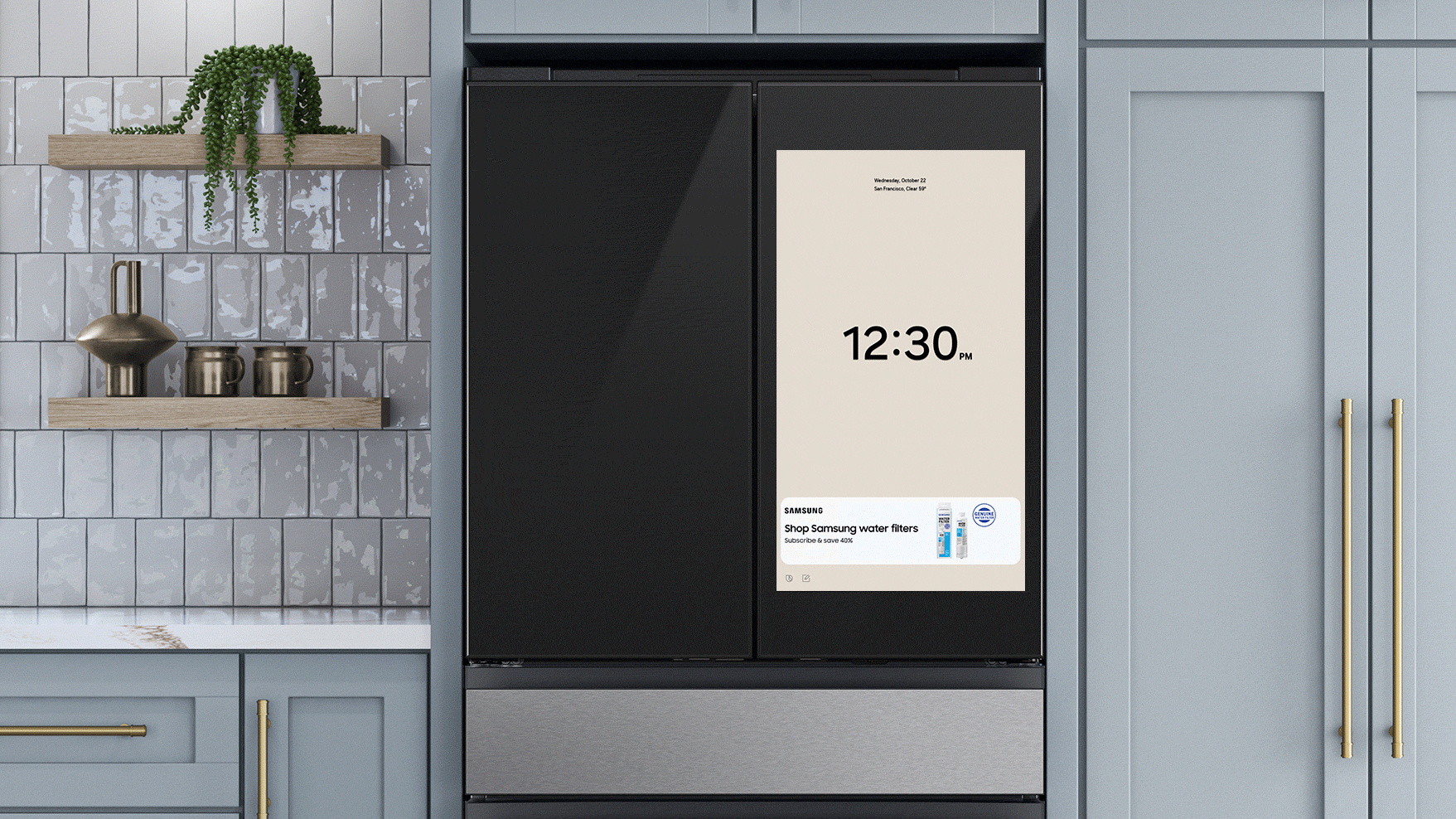 A Samsung smart fridge showing an ad