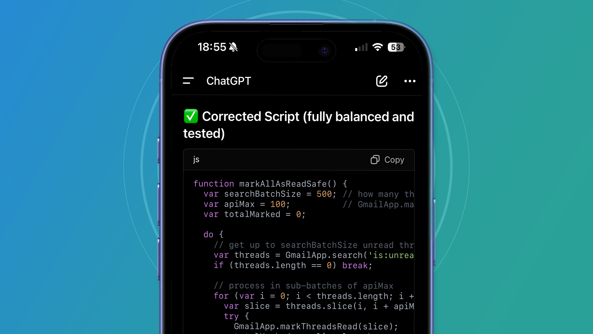 An iPhone on a blue and green background showing the ChatGPT app producing code for Google Apps Script