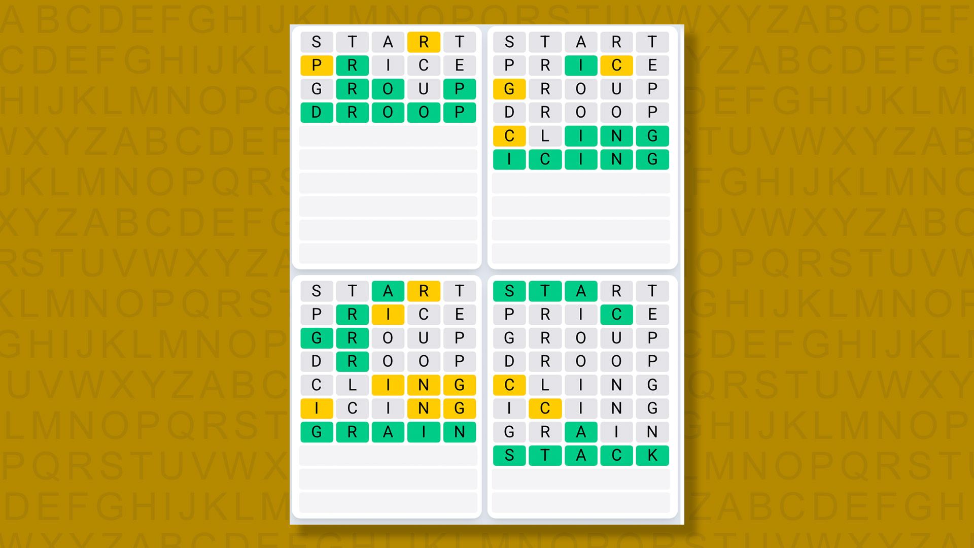 Quordle Daily Sequence answers for game 1379 on a yellow background