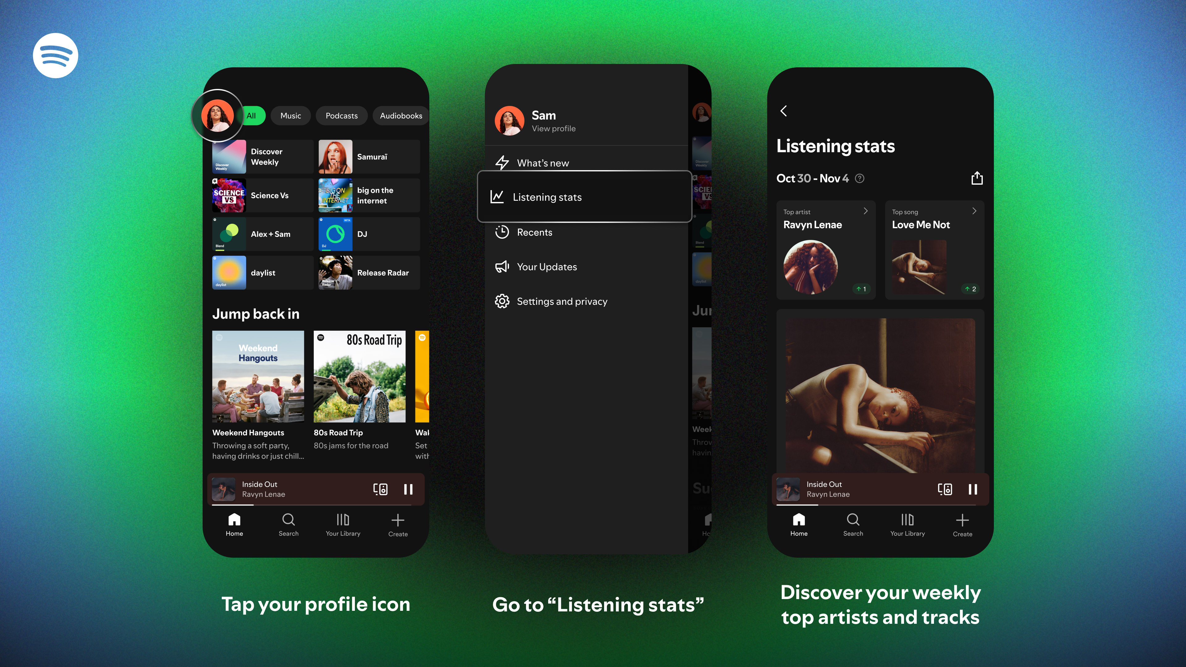 Three phone screens showing how to access Spotify's new listening stats tab in the mobile app