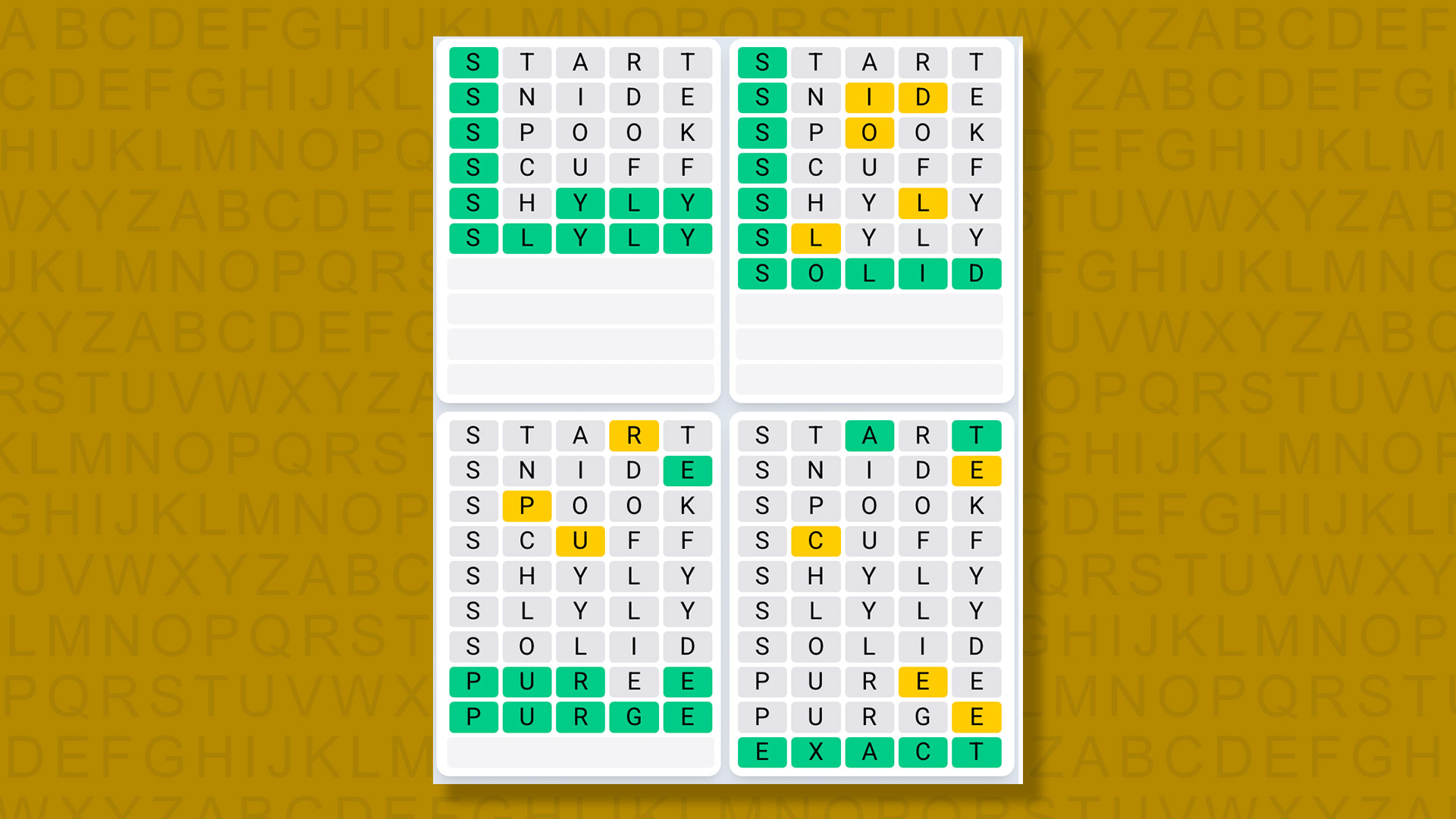 Quordle Daily Sequence answers for game 1384 on a yellow background