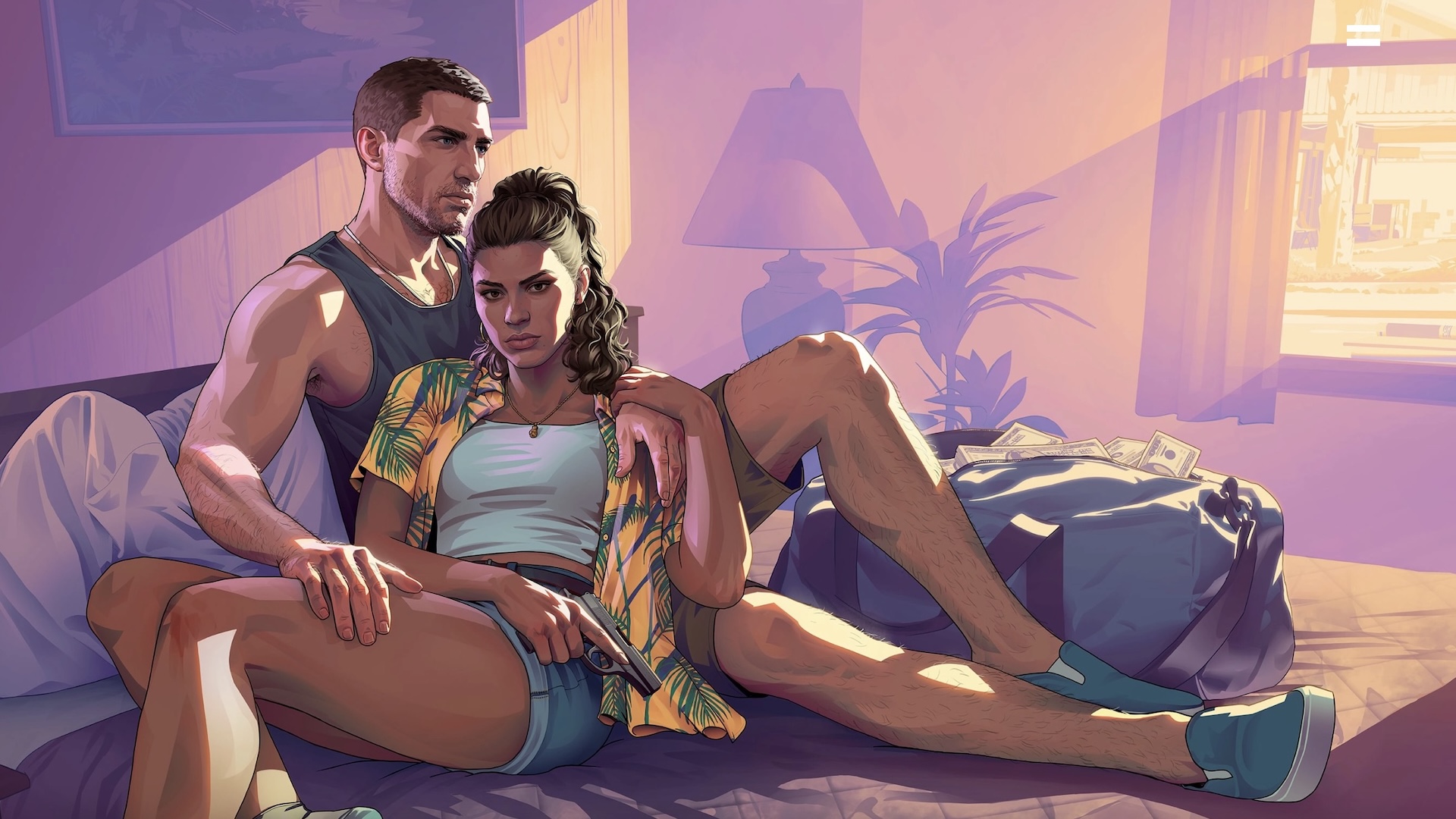 Jason and Lucia lie in bed as sunlight streams in through the window. Stylized in classic GTA cartoon style