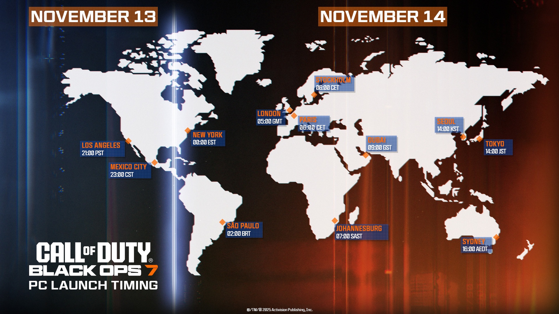 A world map showing the global launch times for Black Ops 7 on PC
