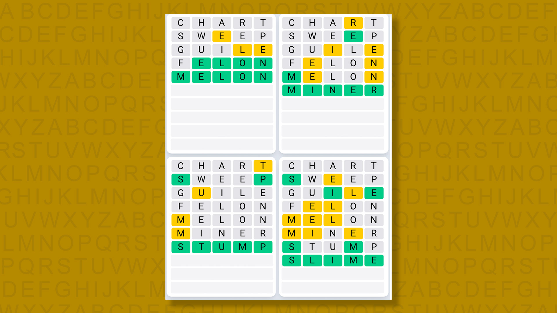 Quordle Daily Sequence answers for game 1390 on a yellow background