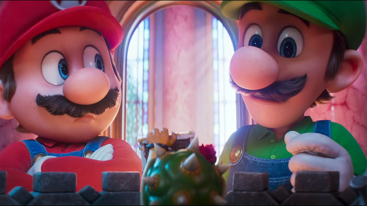 Mario with his arms crossed looking at Luigi in The Super Mario Galaxy Movie