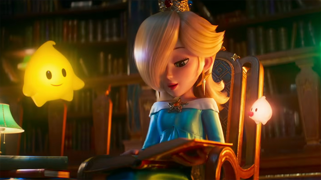 Rosalina is reading from a book that a yellow Luma is looking at in the Super Mario Galaxy movie
