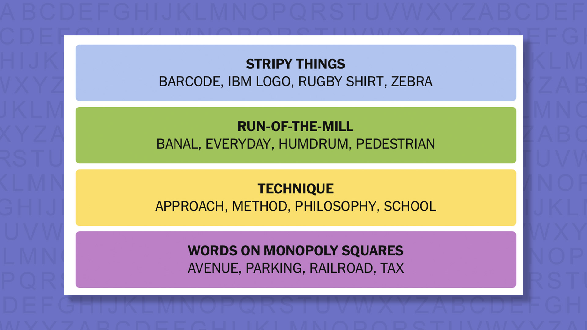 NYT Connections answers for game 889 on a purple background
