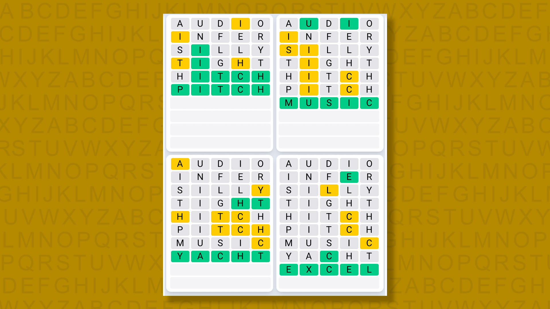 Quordle Daily Sequence answers for game 1392 on a yellow background
