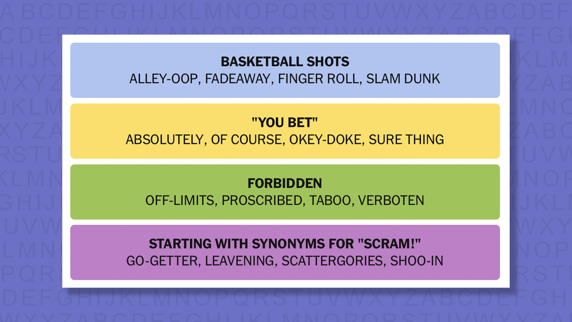 NYT Connections answers for game 890 on a purple background