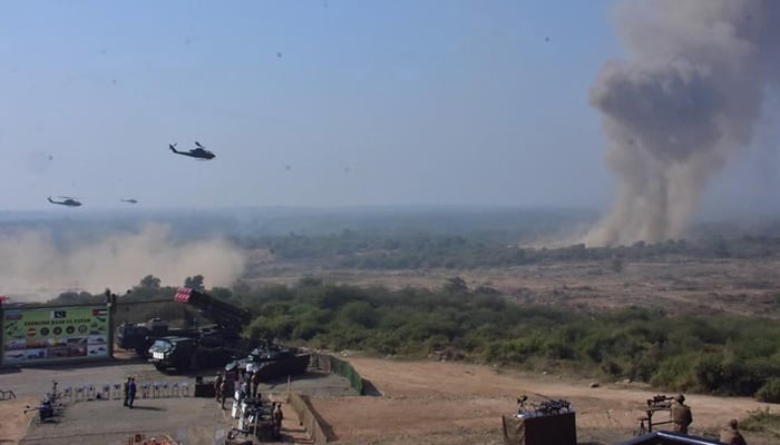 Military exercise demonstrates multi-domain operations, including conventional and air firepower, coordinated maneuvers and spectrum warfare. — ISPR