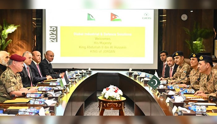 King Abdullah II of Jordan receives a briefing at Global Industrial and Defense Solutions (GIDS). — ISPR