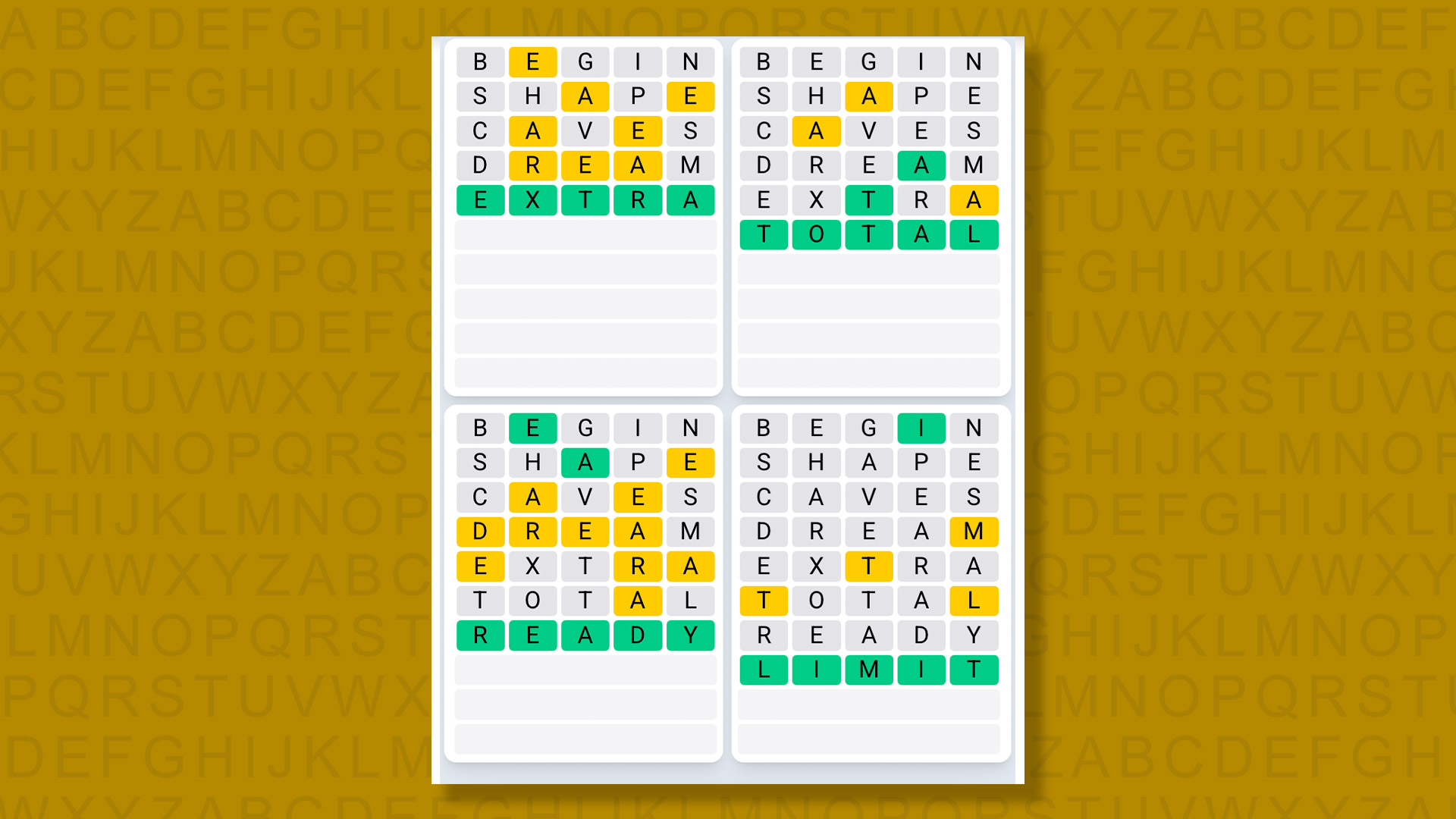 Quordle Daily Sequence answers for game 1393 on a yellow background