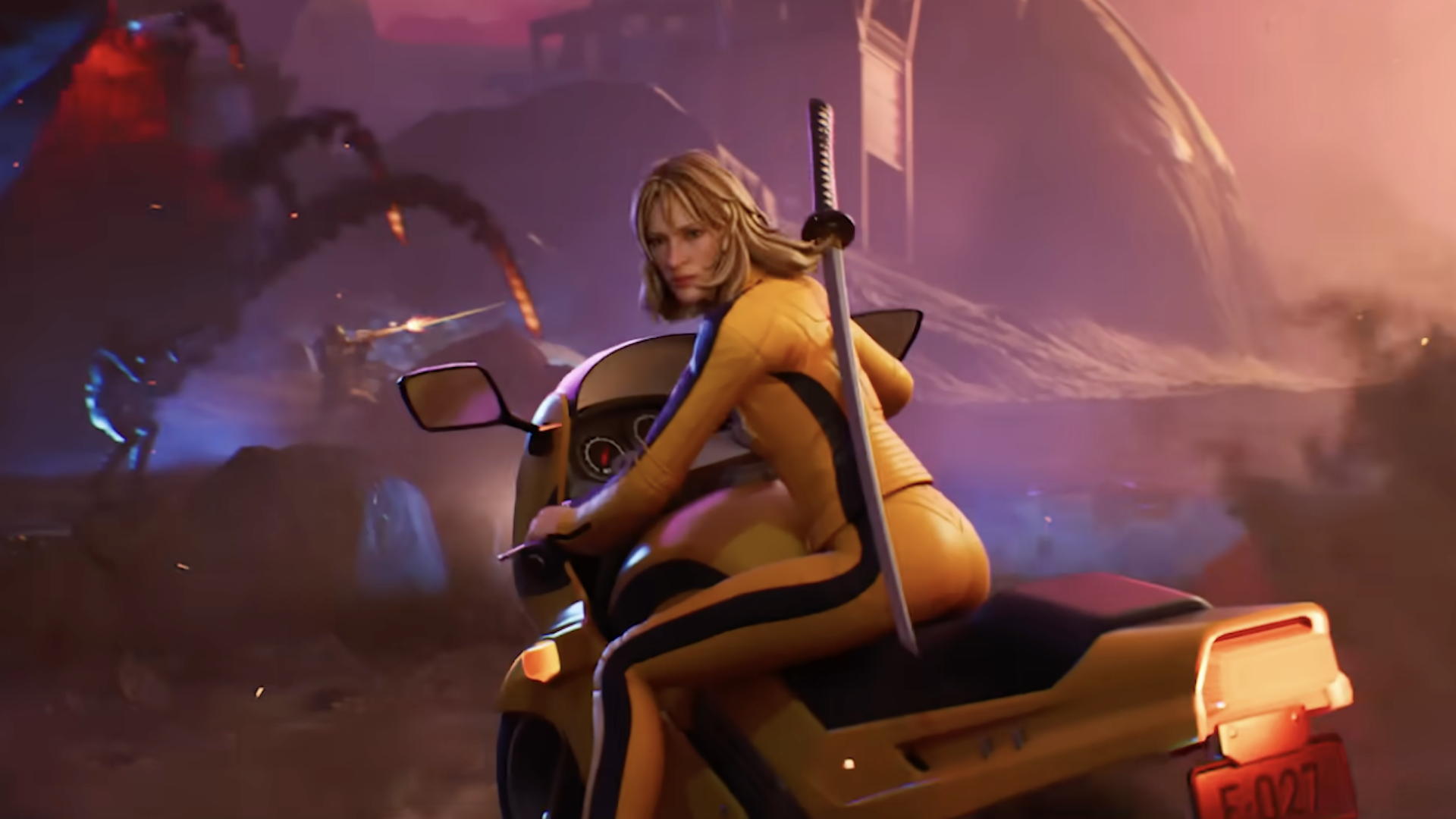 A woman in a yellow jumpsuit rides a yellow motorcycle into battle.