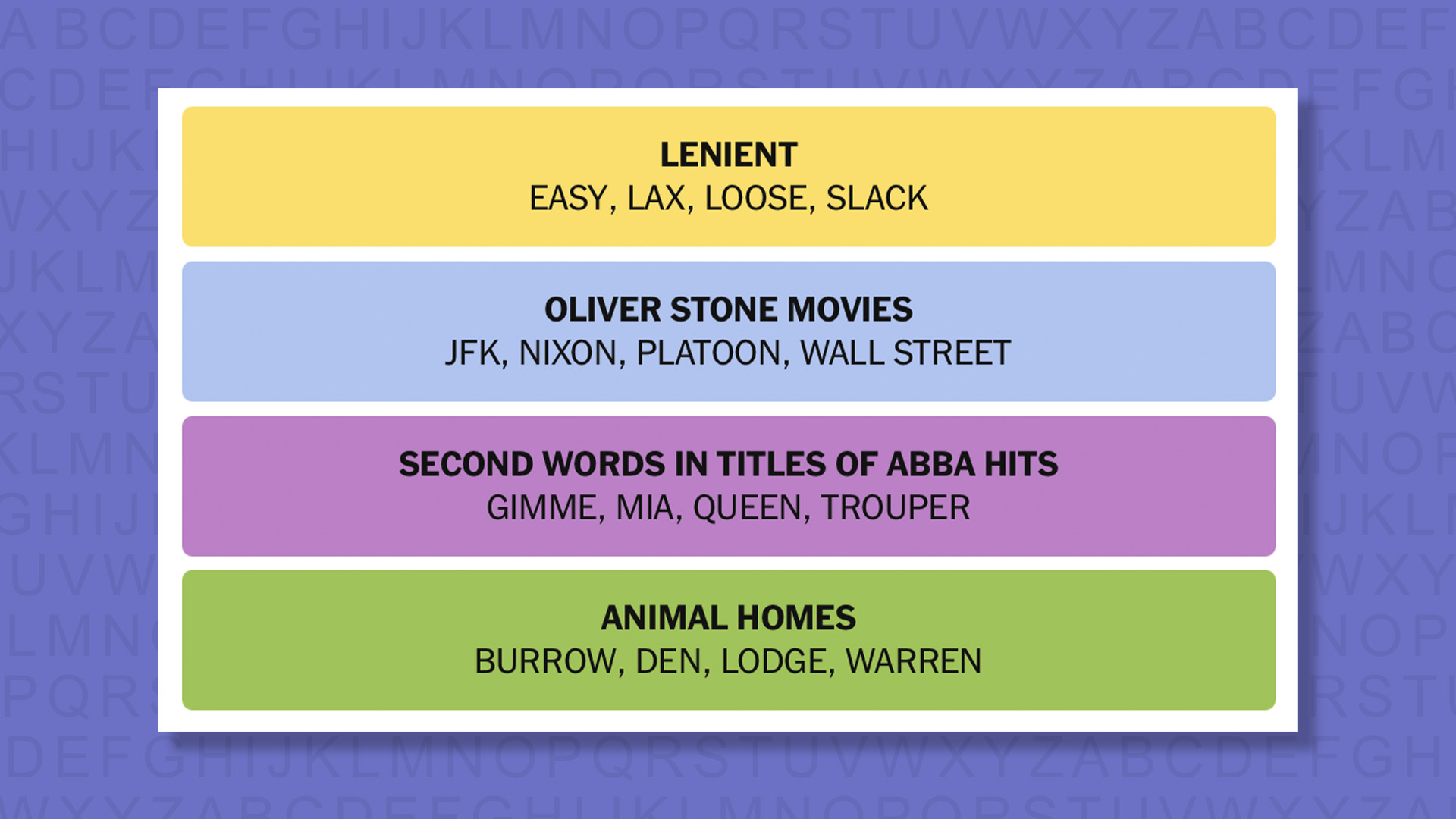 NYT Connections answers for game 896 on a purple background