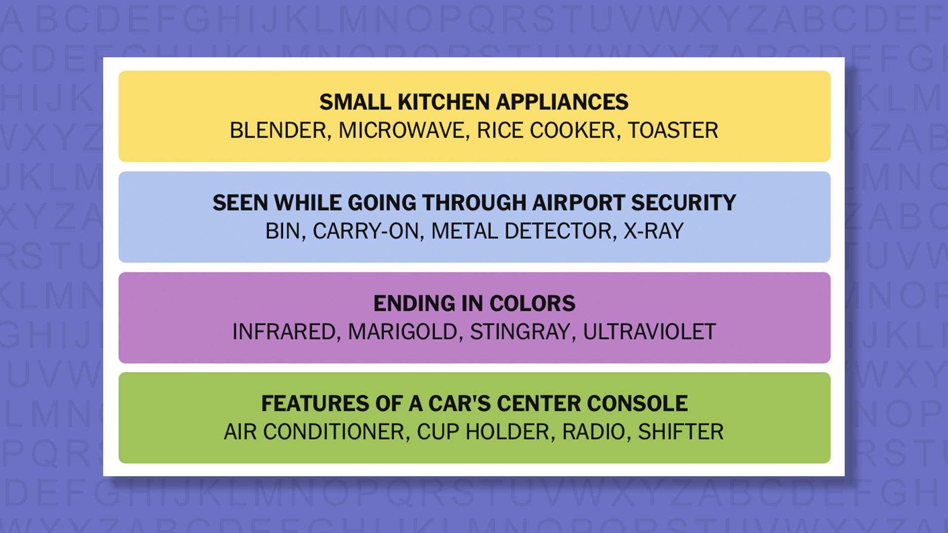NYT Connections answers for game 897 on a purple background