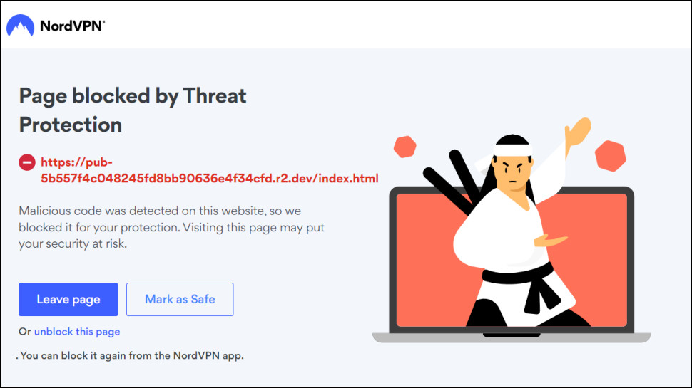 Screenshot of NordVPN Threat Protection Pro malicious code warning