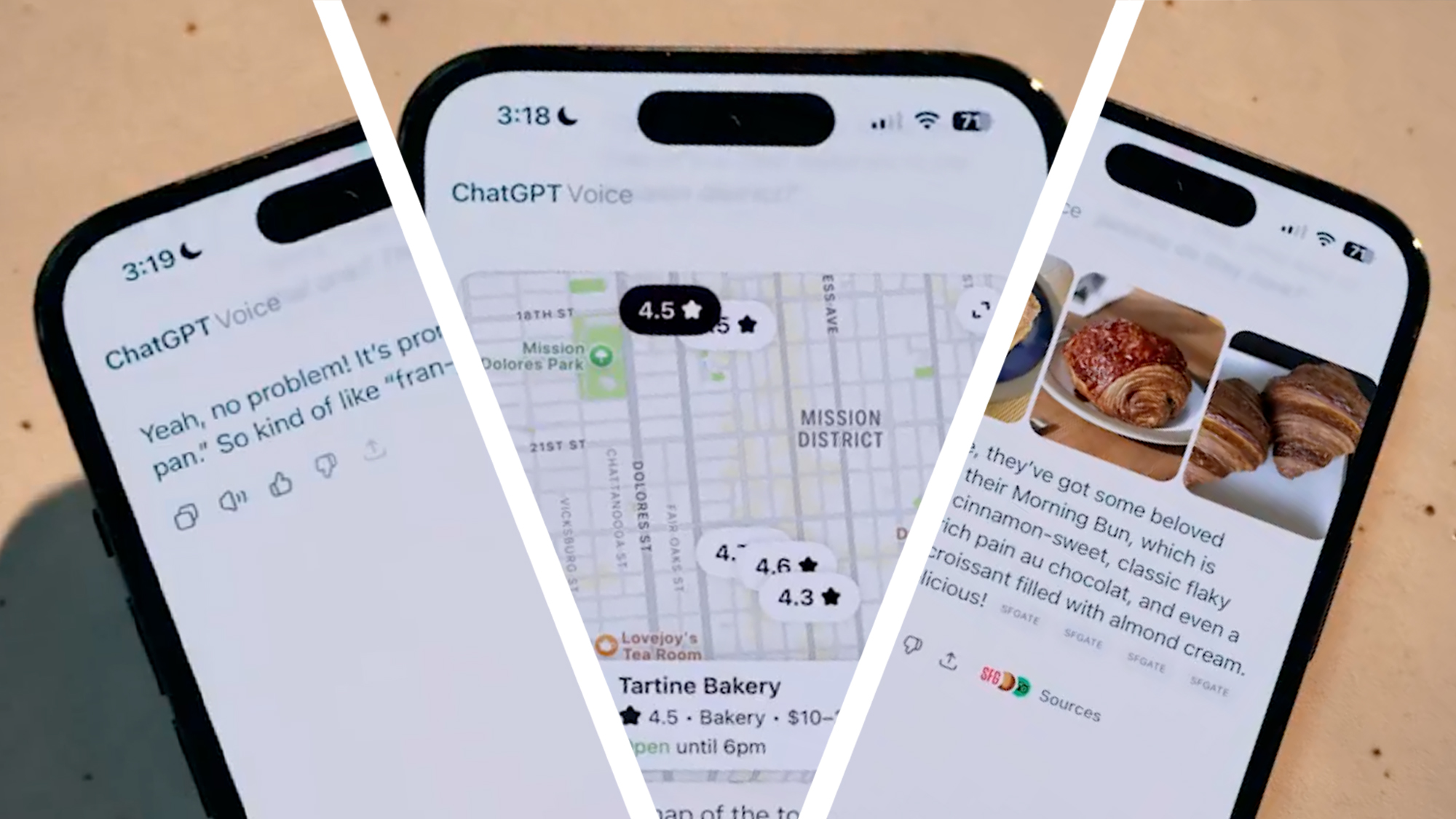 Three phones showing ChatGPT's voice mode in action
