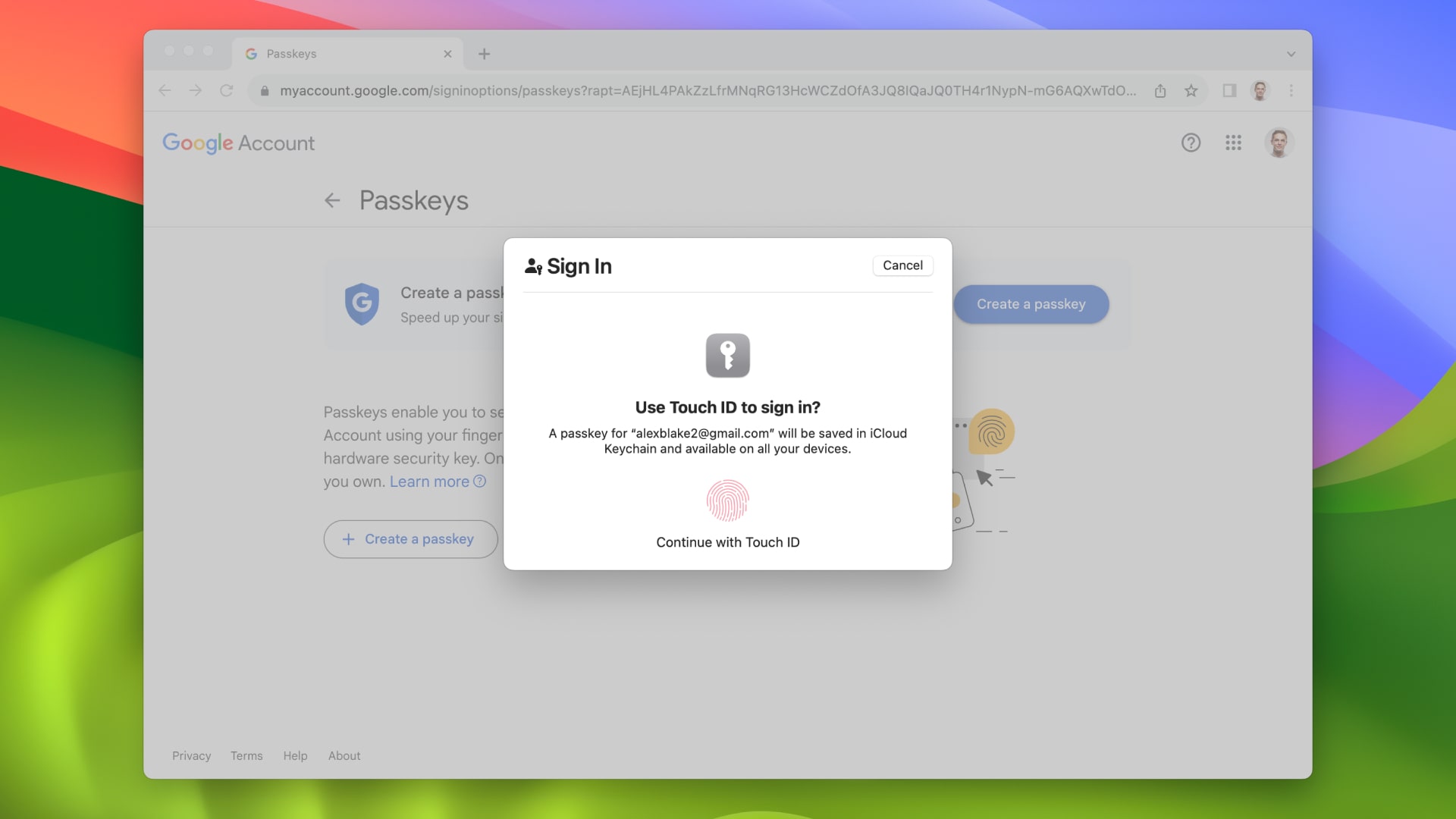A Google Account page where an access key is created. The user will be asked to use their fingerprint to secure their account.