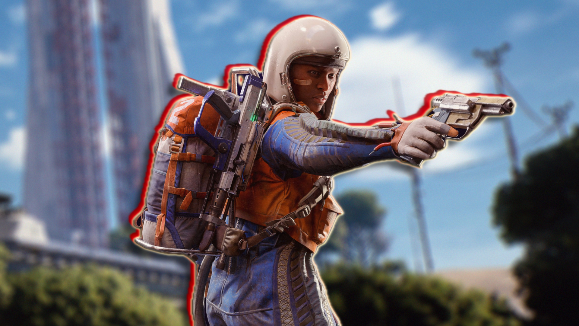 A Raider wears a blue and white jumpsuit, a white helmet and aims a gun with his right hand