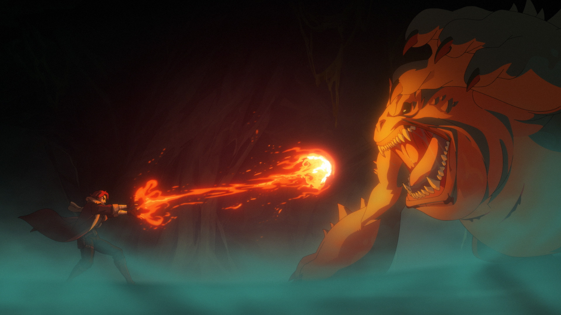 Caleb throws a fireball at a giant frog monster in The Mighty Nein episode 4