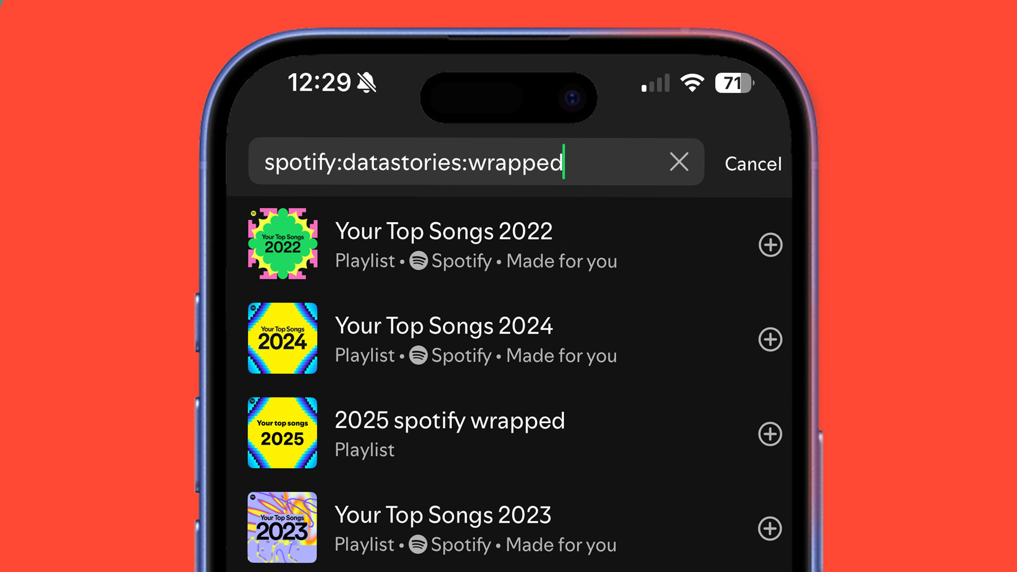 A phone on a red background showing the Spotify app