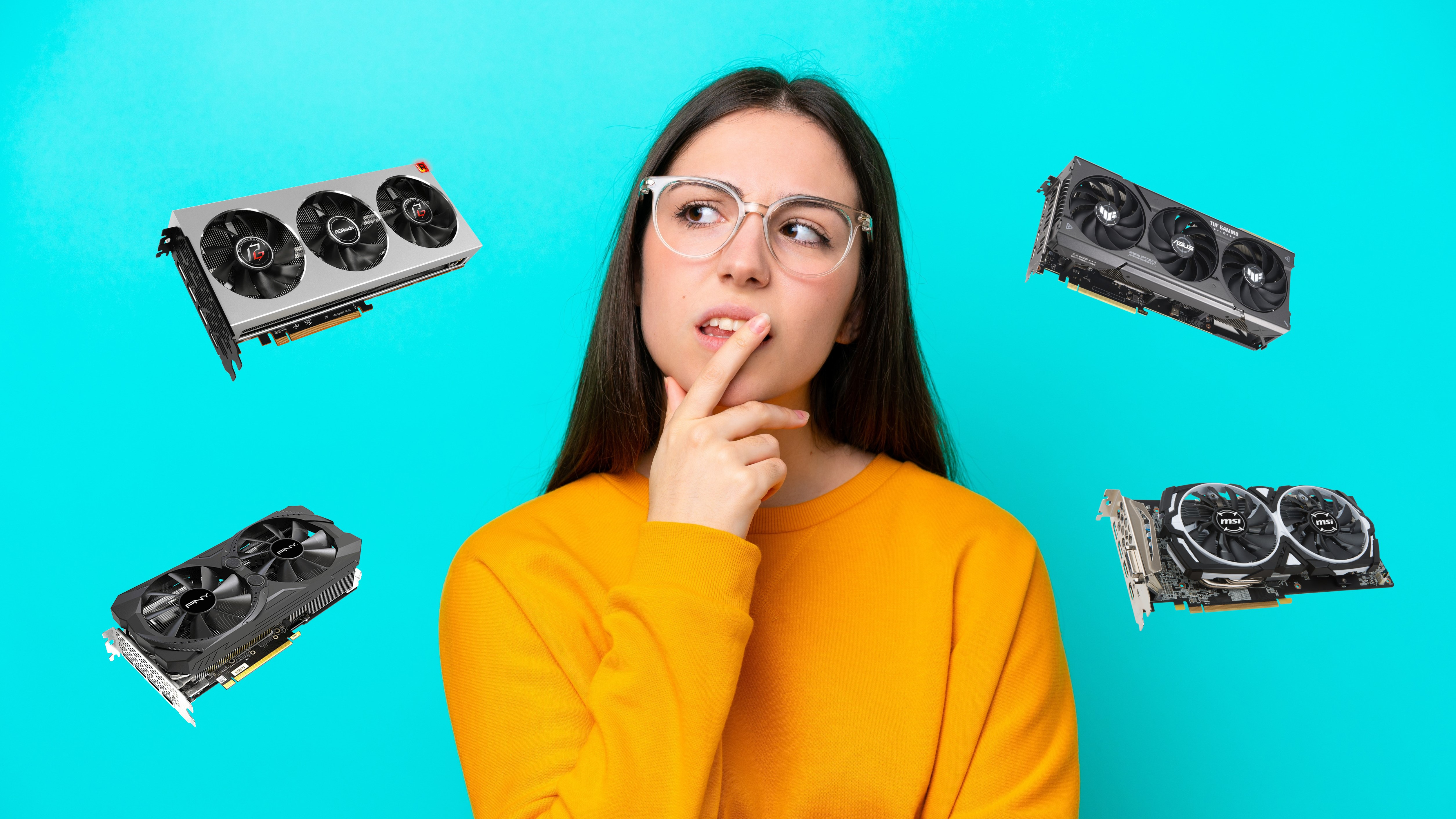 A thoughtful woman on a blue background surrounded by graphics cards.