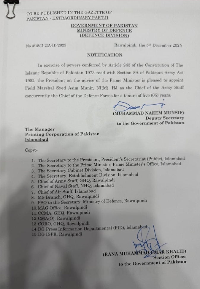 Notice of the appointment of the Chief of Defense.