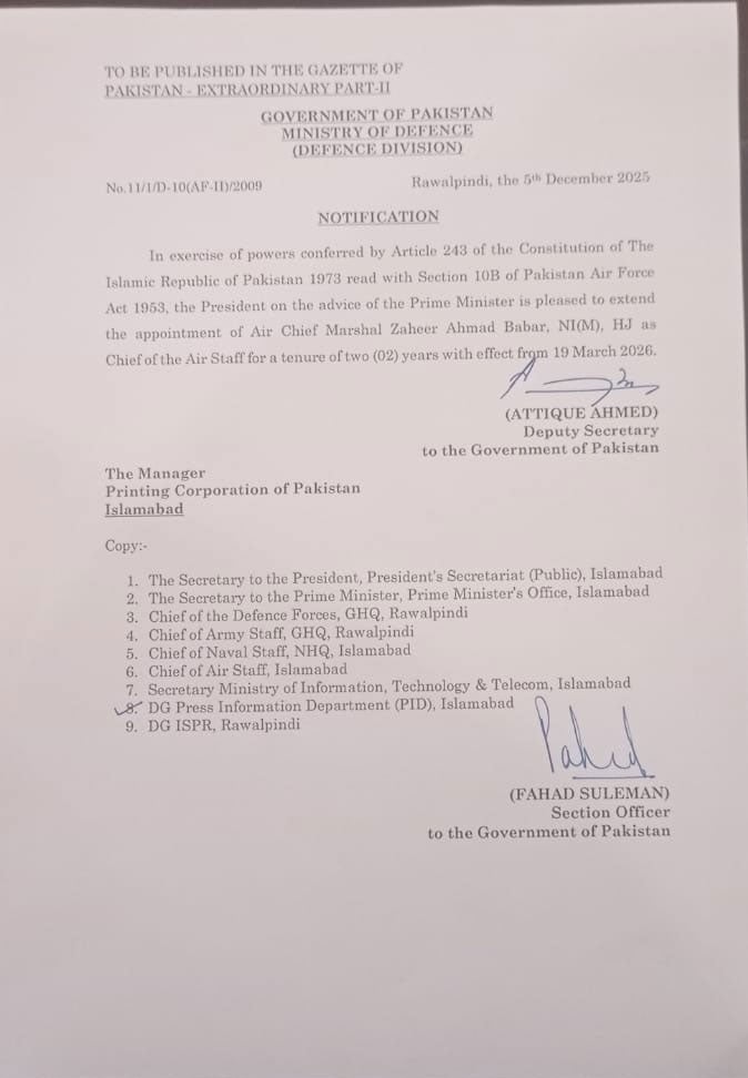 Notice of extension of Air Chief Marshal.