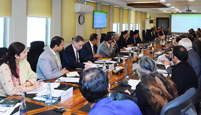 Finance Minister Senator Muhammad Aurangzeb is the chairman of the Economic Coordination Committee (ECC) of the federal meetings to meet in the Finance Department on December 9, 2025. — Facebook/@FinanceMinistryPK