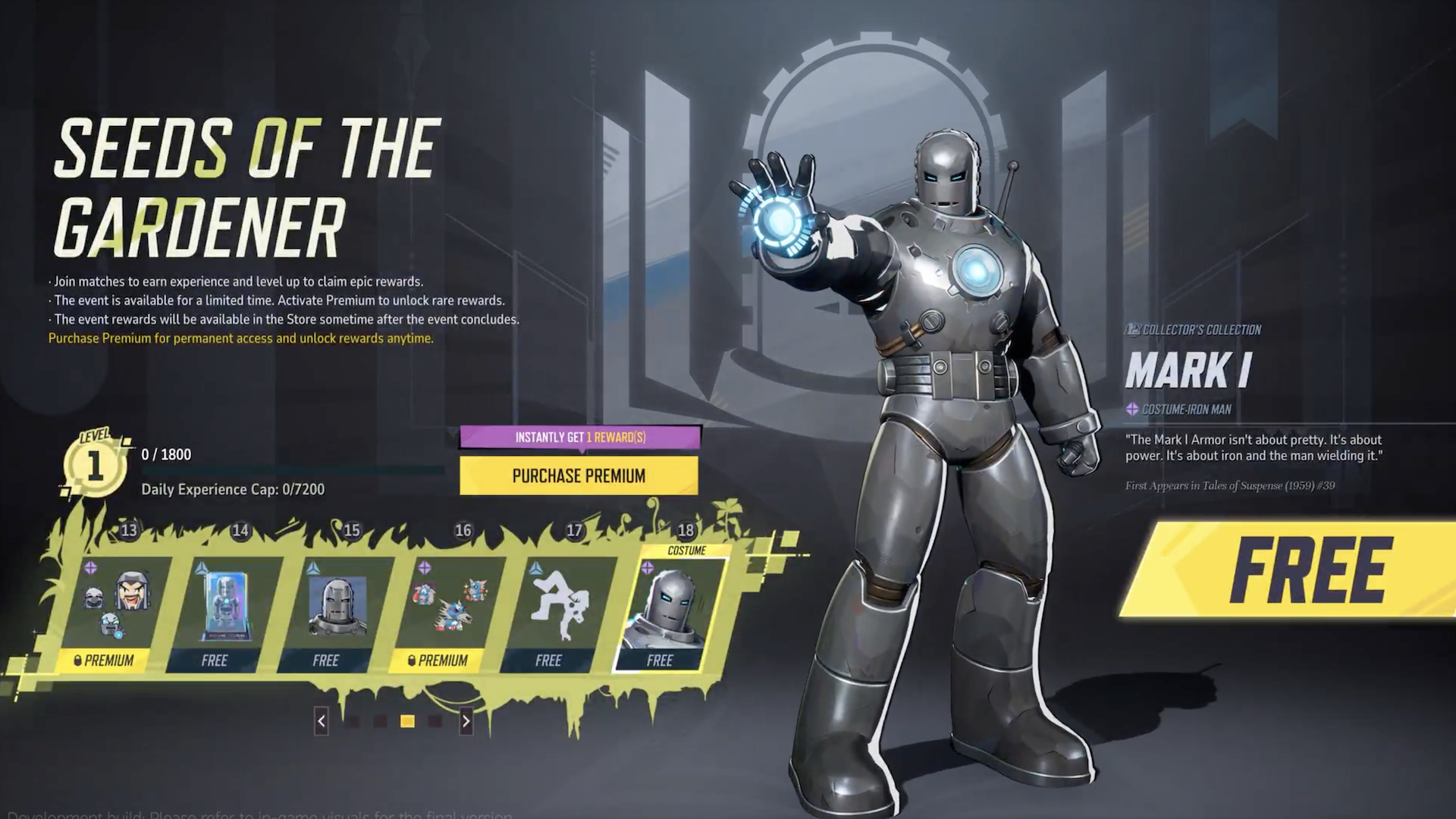 The Iron Man Mark 1 suit as part of the Marvel Rivals event screen