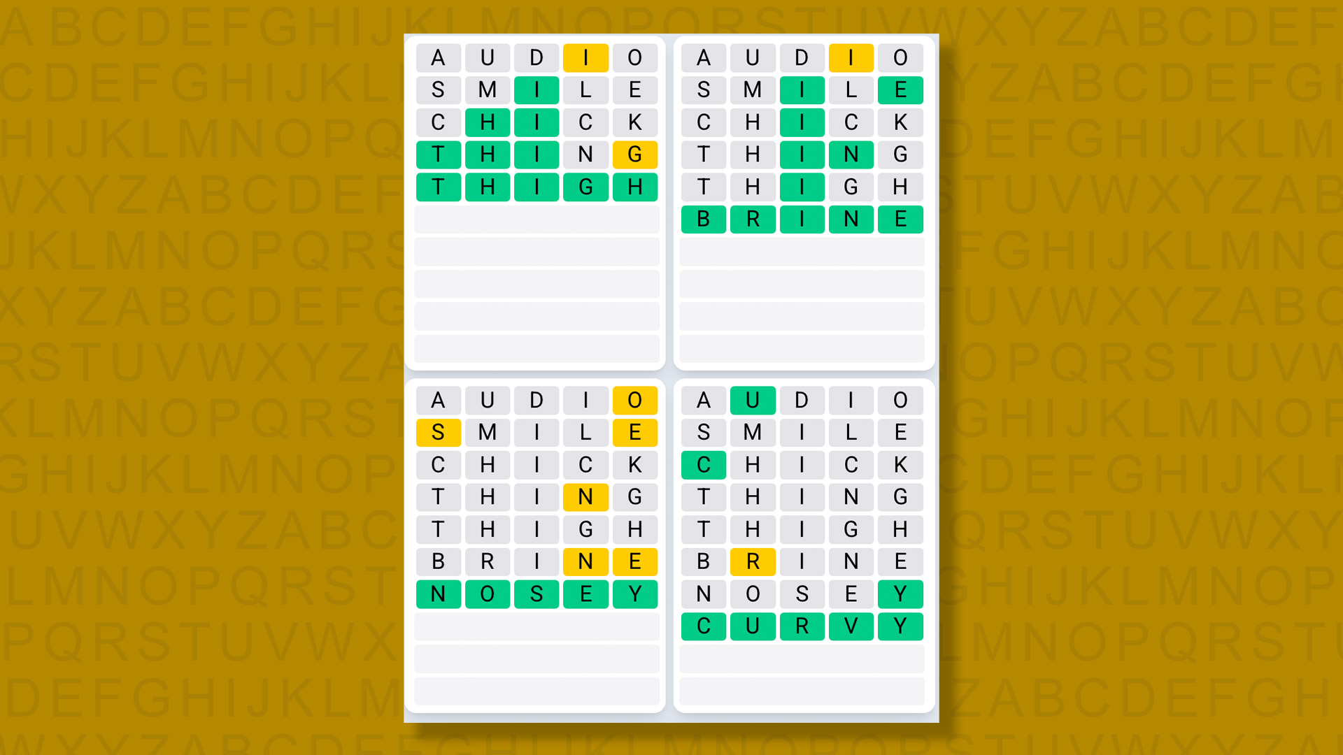 Quordle Daily Sequence answers for game 1422 on a yellow background