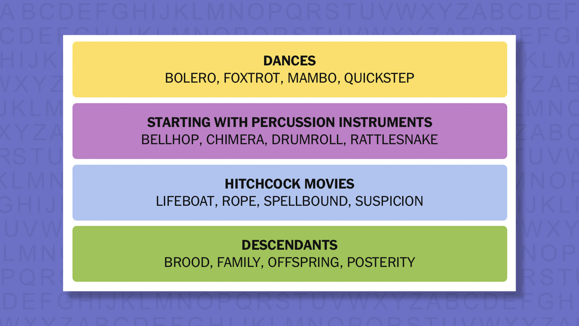 NYT Connections answers for game 919 on a purple background