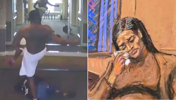 Left: Diddy depicted assaulting Cassie in 2016 hotel security footage. Right: Cassie takes a stand