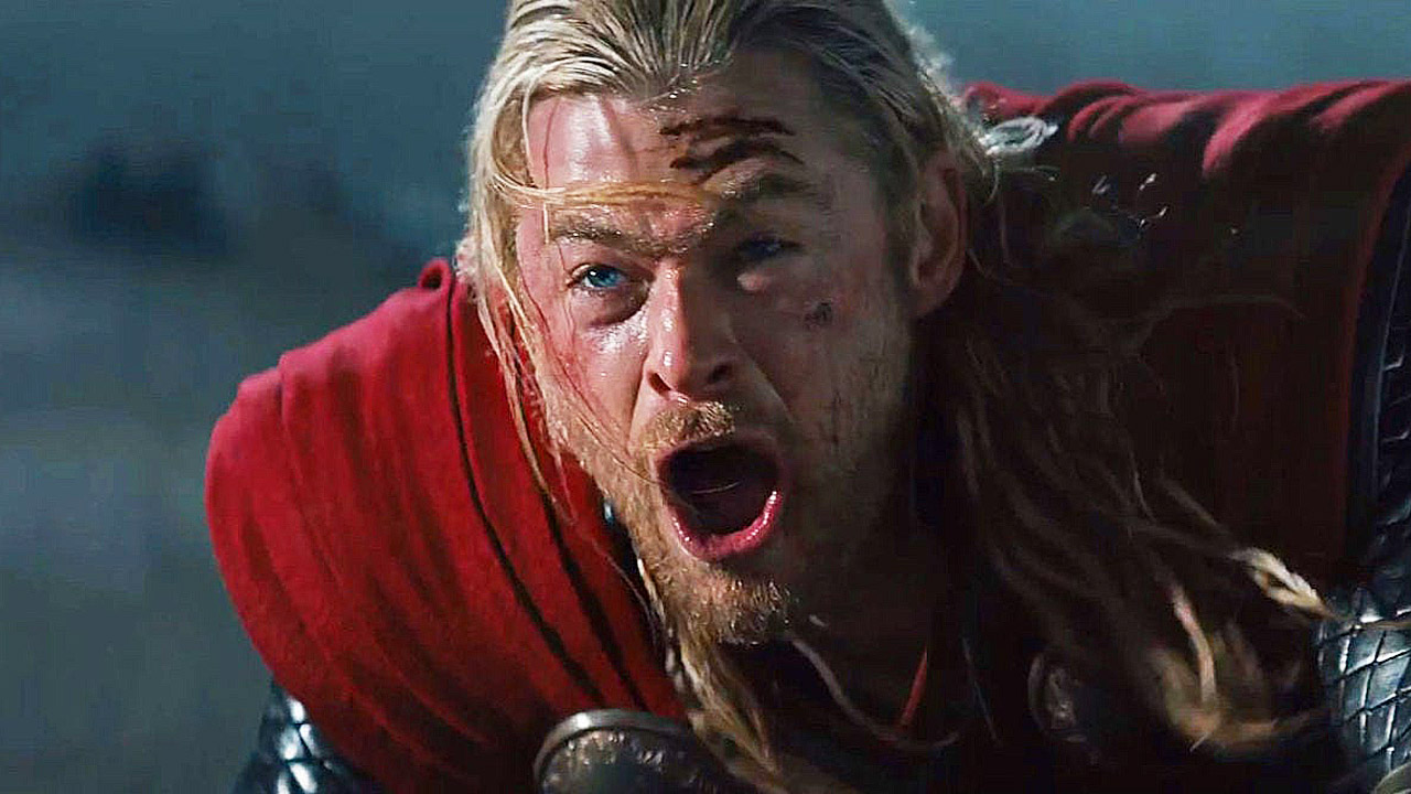 Thor screams while looking at someone off-screen in Thor: The Dark World