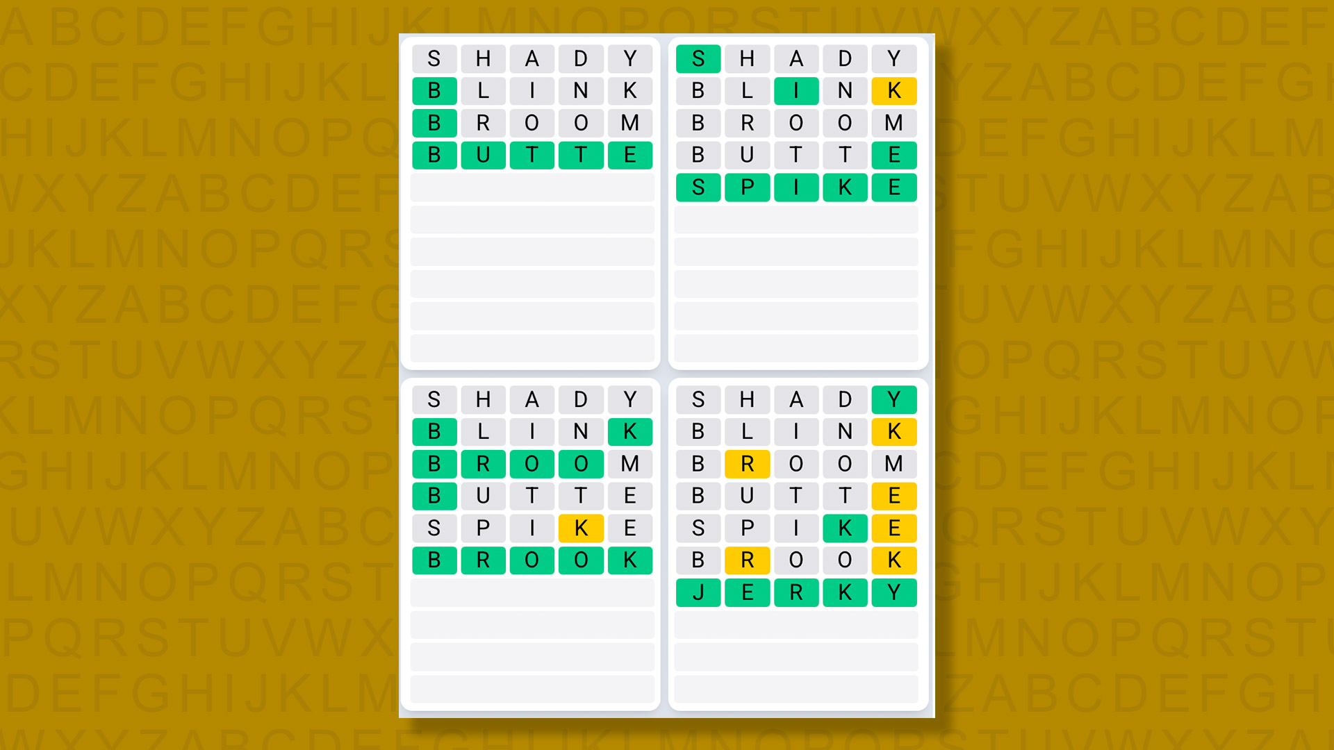 Quordle Daily Sequence answers for game 1425 on a yellow background
