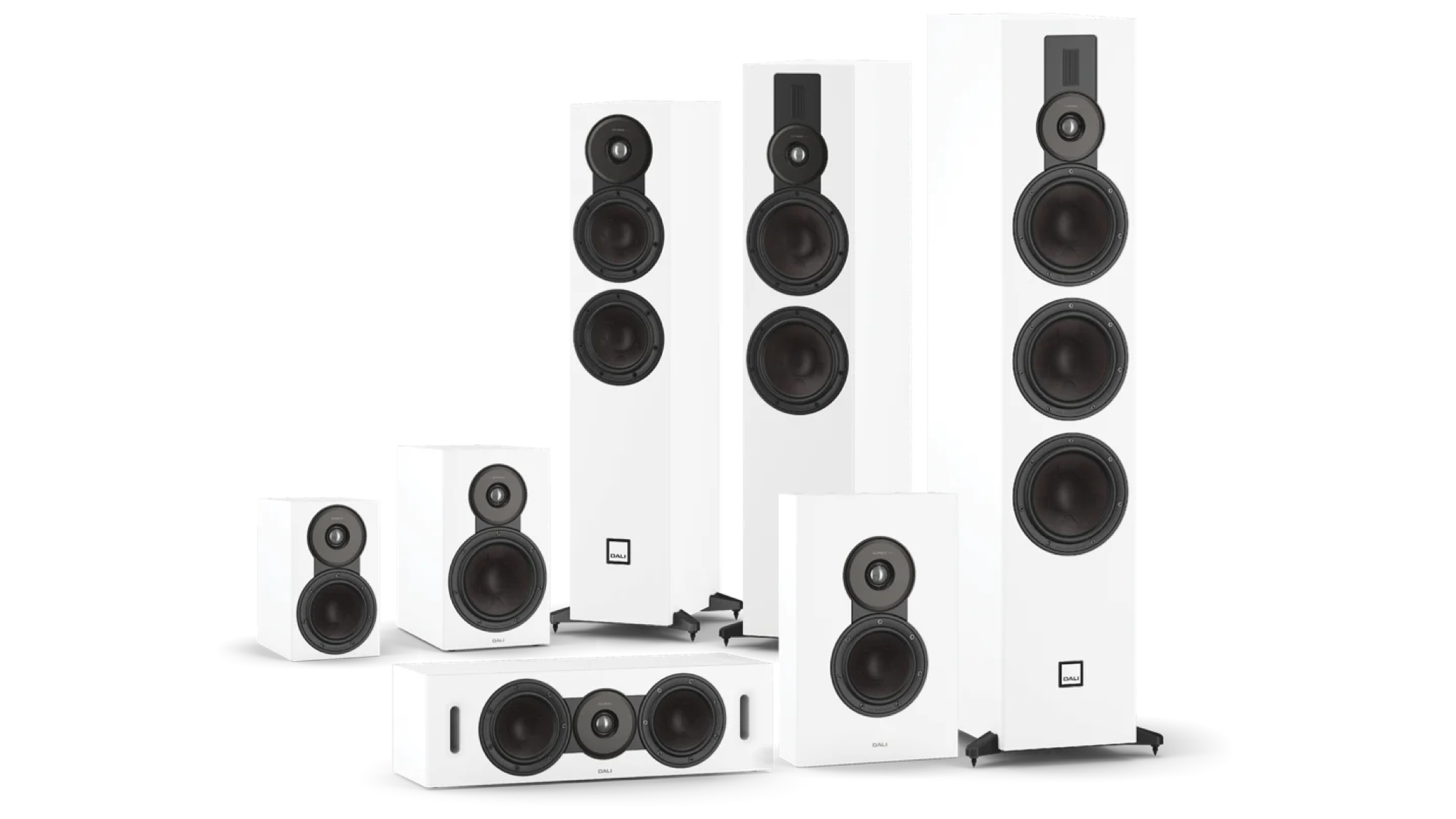 All Dali Sonik speakers, in white finish on a white background