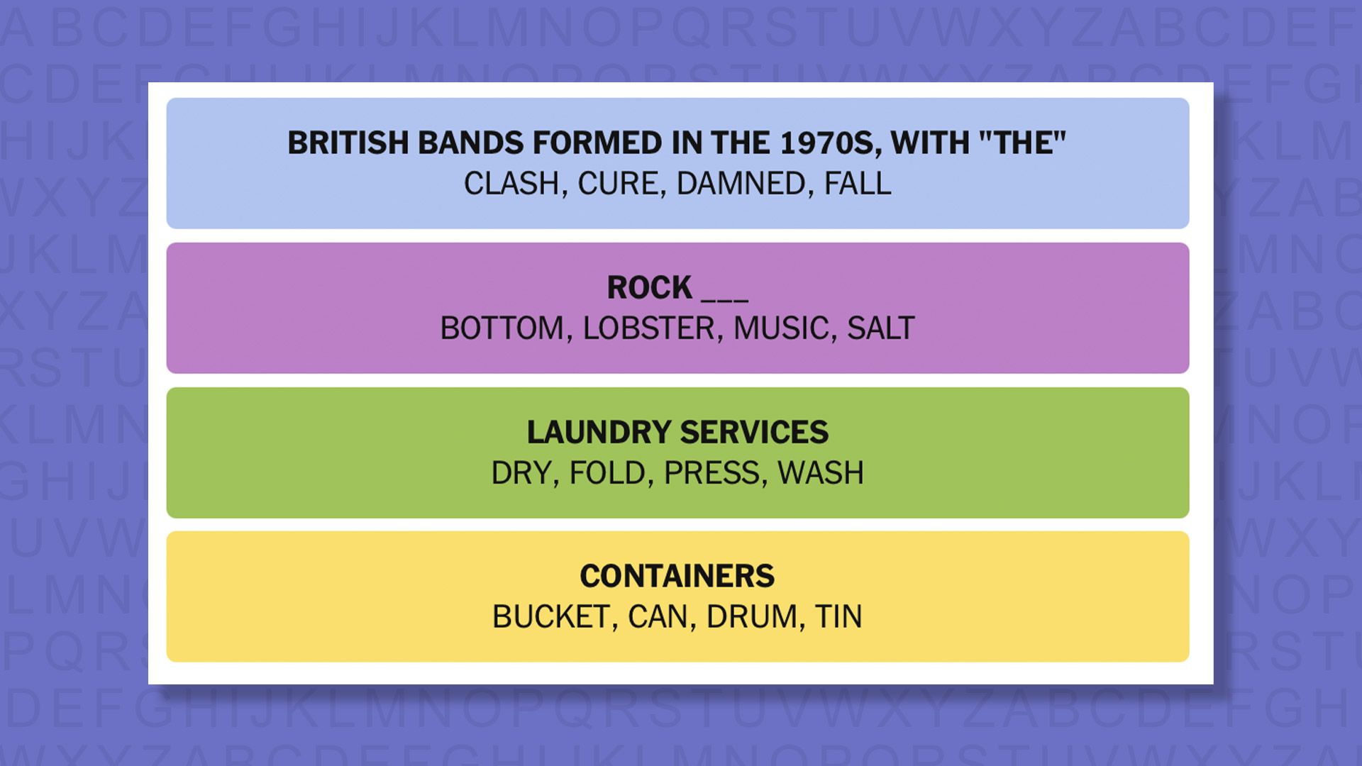 NYT Connections answers for game 923 on a purple background